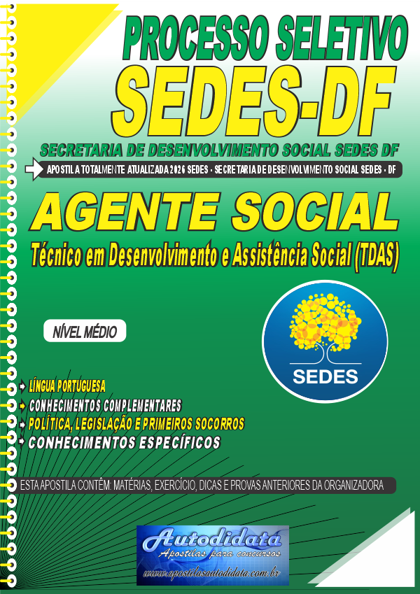 Capa de Apostila concurso Secretaria de Desenvolvimento Social do Distrito Federal SEDES DF 2026 – Agente Social