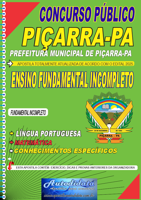 Capa de Apostila concurso Prefeitura de Piçarra-PA 2025 - Fundamental Incompleto