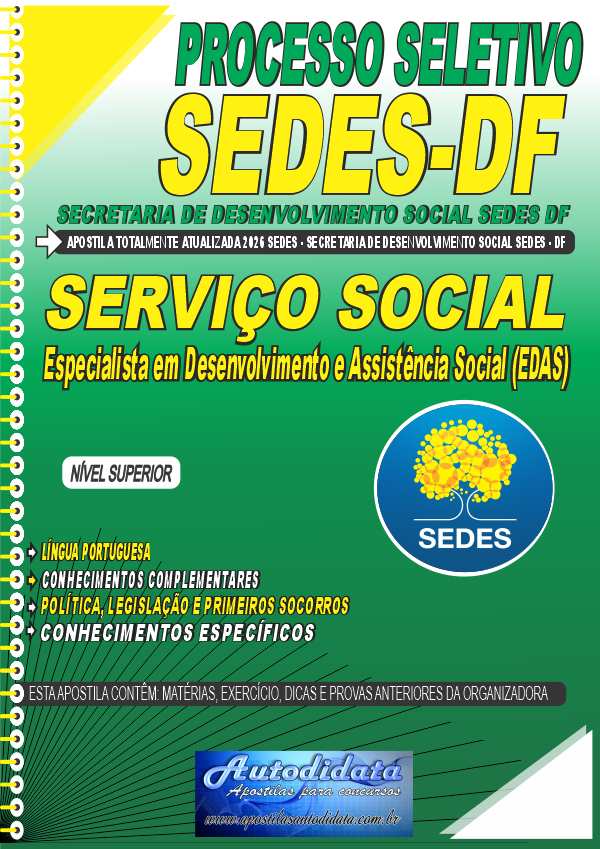 Capa de Apostila concurso Secretaria de Desenvolvimento Social do Distrito Federal SEDES DF 2026 Serviço Social