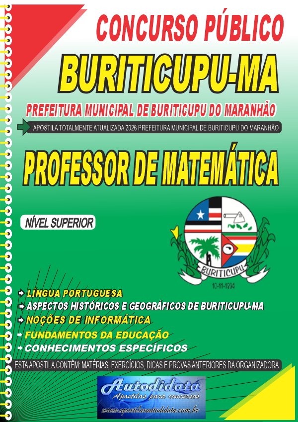 Capa de Apostila concurso de Buriticupu MA 2026 - Professor de Matemática