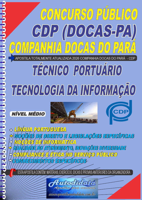 Capa de Apostila concurso Companhia Docas do Pará CDP PA 2026 - Técnico Portuário de Tecnologia da Informação