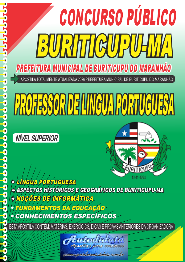Capa de Apostila concurso de Buriticupu MA 2026 - Professor de Língua Portuguesa