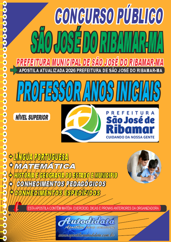 Capa de Apostila concurso São José de Ribamar - MA 2026 - Professor Ensino Fundamental Anos Iniciais
