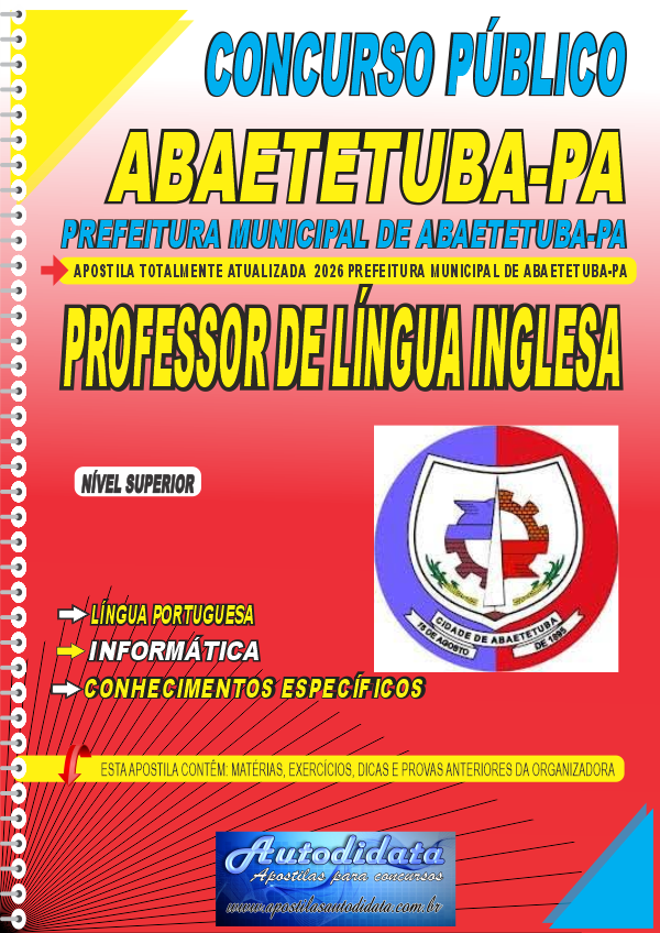 Capa de Apostila concurso Prefeitura de Abaetetuba PA 2026 Professor de Lígua Inglesa