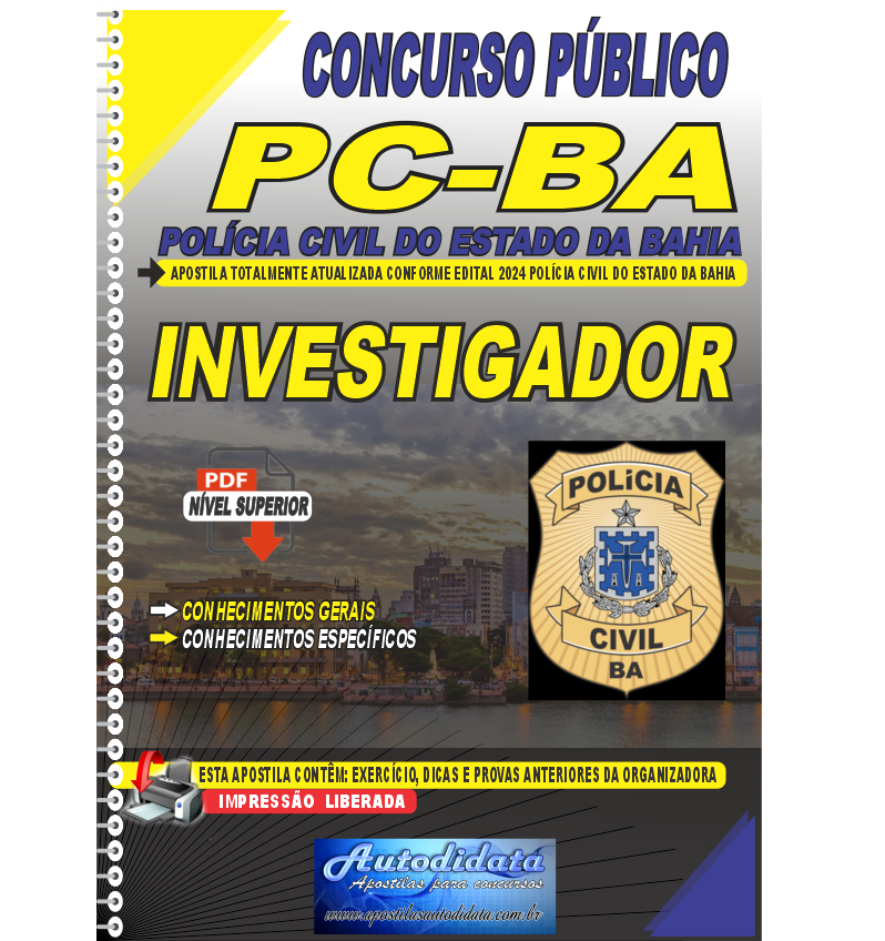 Capa de Apostila concurso da PC-BA Policia Civil da Bahia 2024 Investigador