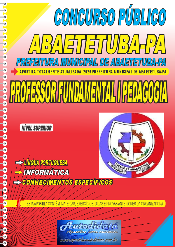 Capa de Apostila concurso Prefeitura de Abaetetuba PA 2026 Professor Fundamental I em Pedagogia