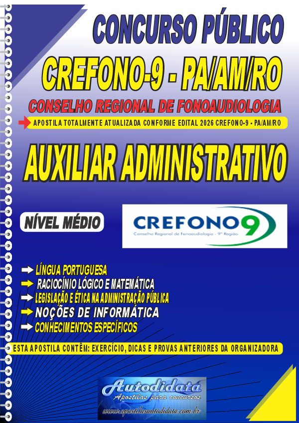 Capa de Apostila concurso Conselho Regional de Fonoaudiologia da 9ª Região (CREFONO-9) 2026 - Auxiliar Administrativo